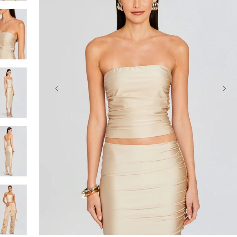 Retrofete Satin Ruched Strapless Tube Top Metallic Hue Gold